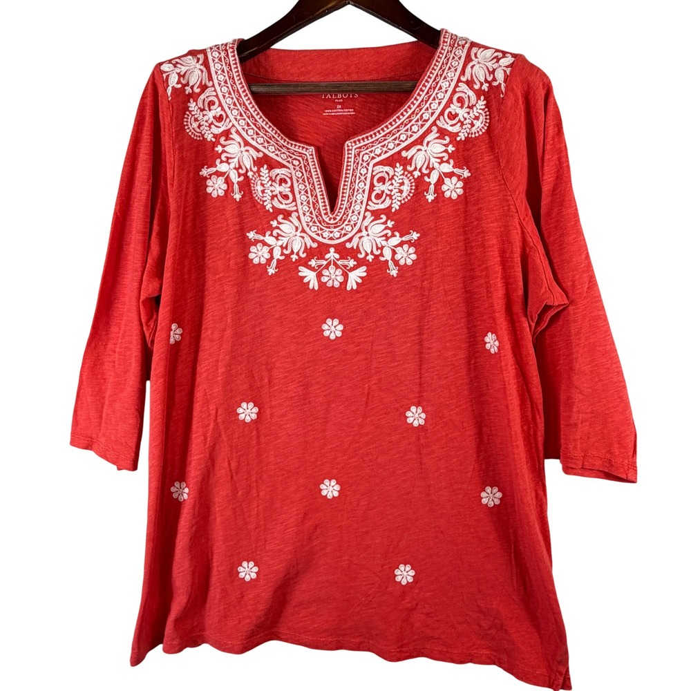 Talbots Plus 2X Orange Cotton Embroidered Tunic Top Split Neck Boho Flowers FLAW